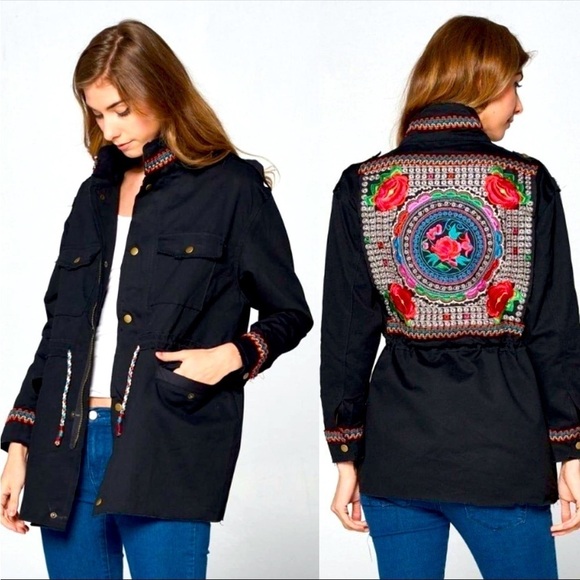 CANVAS UTILITY FULLY EMBROIDERED RAW HEM CARGO UTILITY JACKET SIZE MEDIUM - Picture 1 of 10